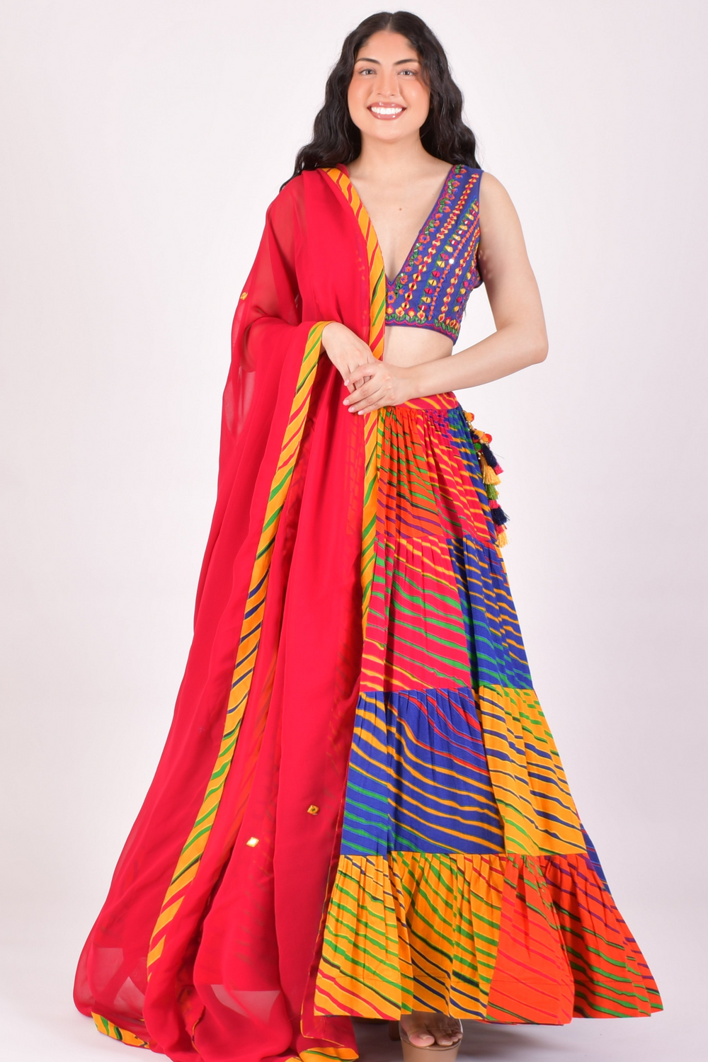 Multicolor Leheriya Tiered Chaniya Choli With Dupatta