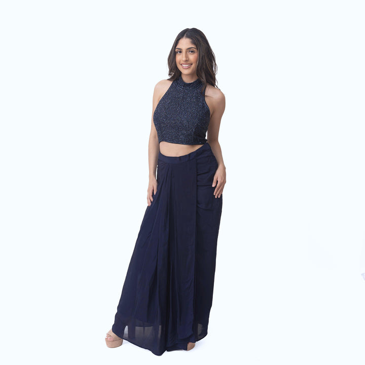 Farah Navy Drape Skirt with Hand Embroidered Blouse-Raas