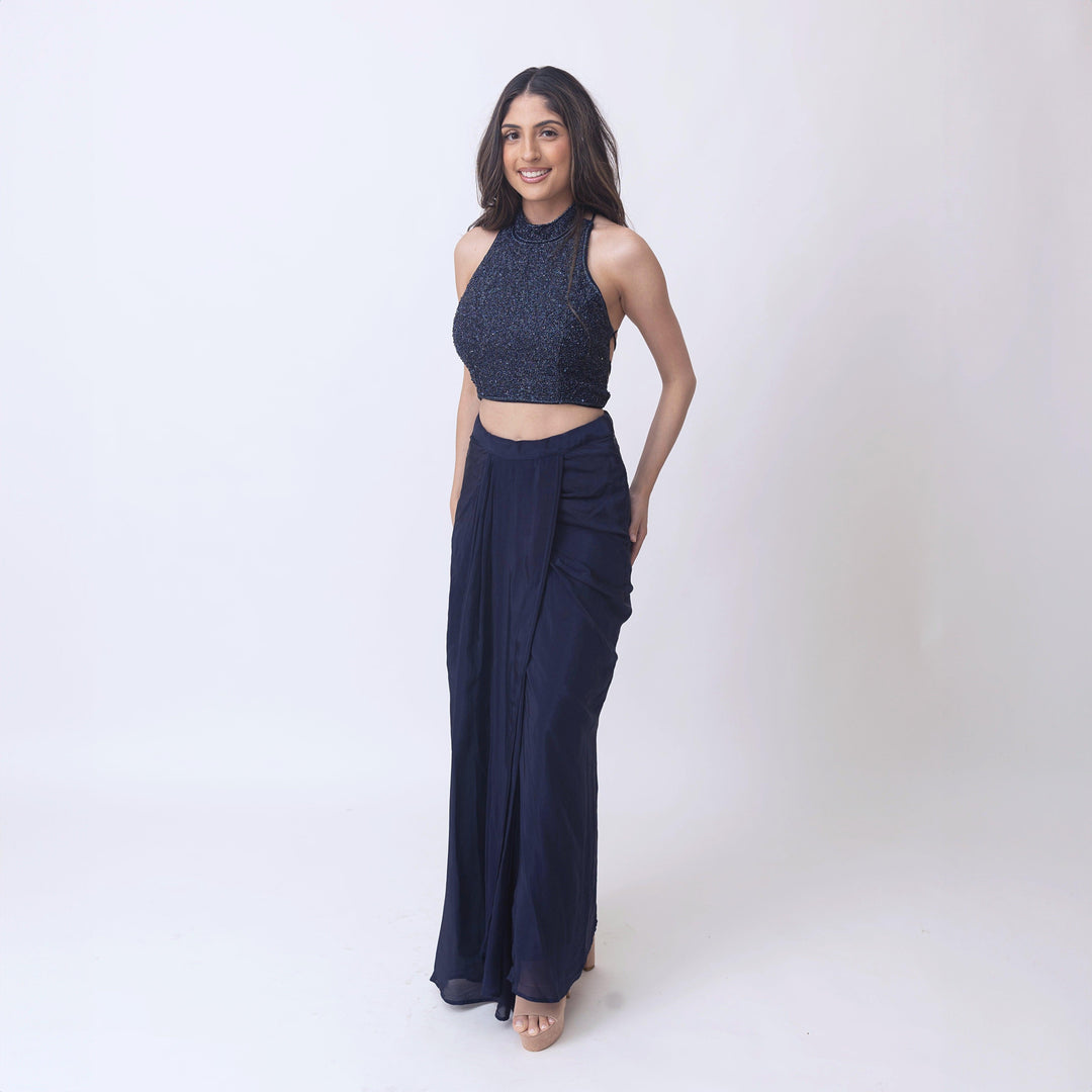 Farah Navy Drape Skirt with Hand Embroidered Blouse-Raas