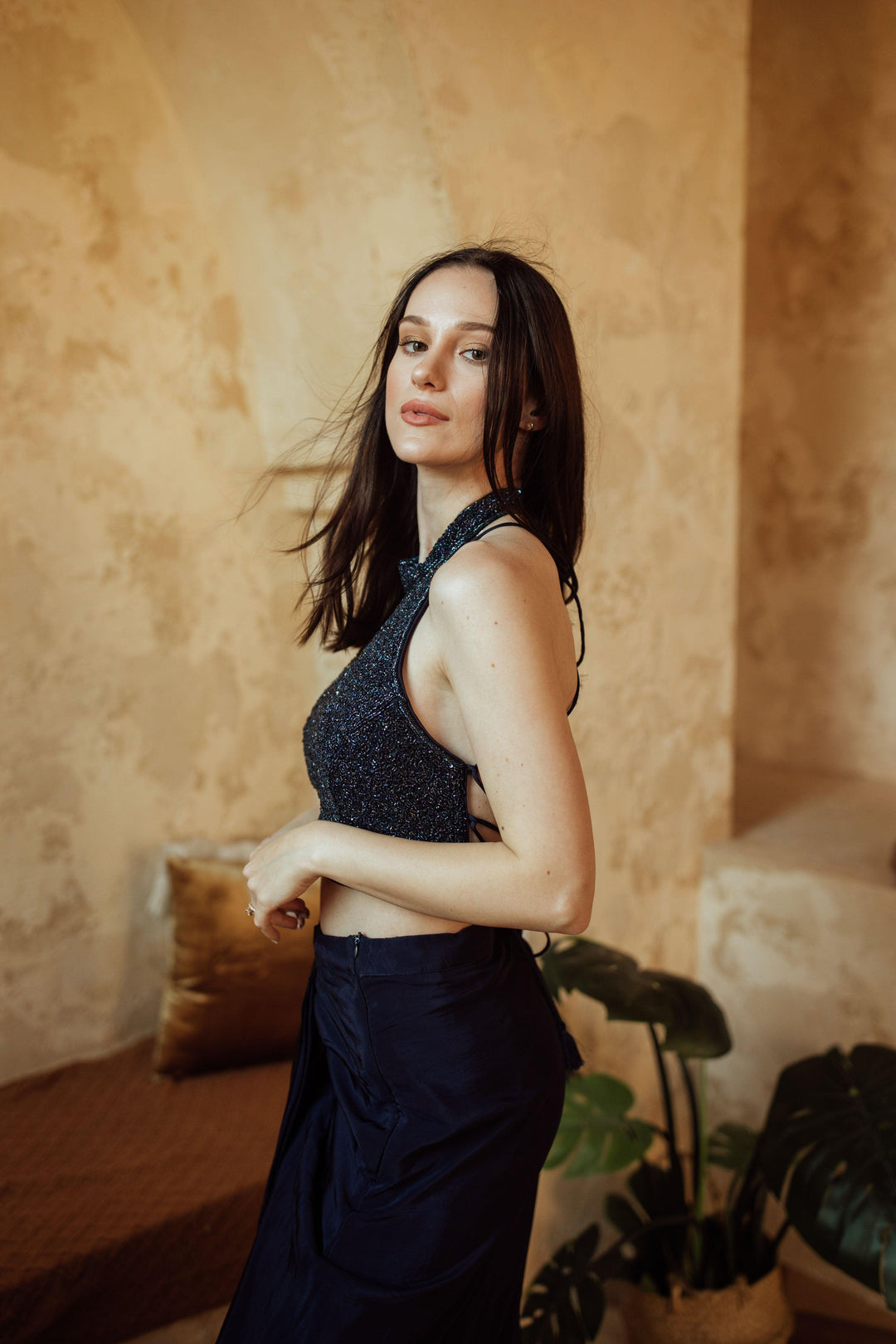 Farah Navy Drape Skirt with Hand Embroidered Blouse-Raas