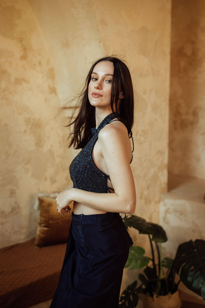 Farah Navy Drape Skirt with Hand Embroidered Blouse-Raas