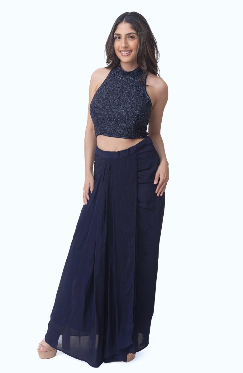 Farah Navy Drape Skirt with Hand Embroidered Blouse