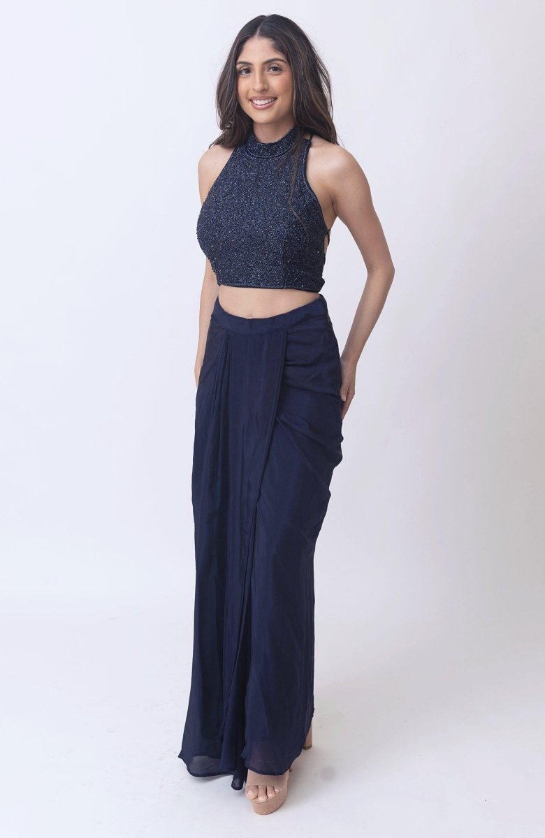 Farah Navy Drape Skirt with Hand Embroidered Blouse