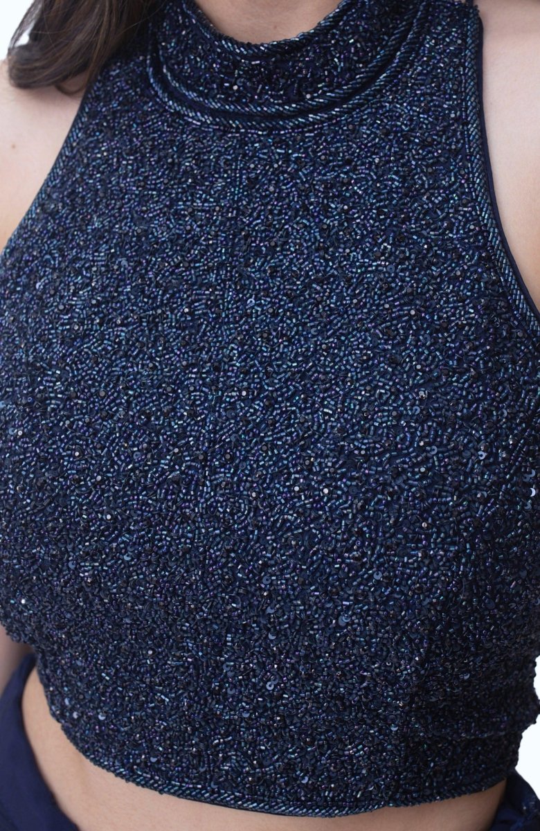 Farah Navy Drape Skirt with Hand Embroidered Blouse