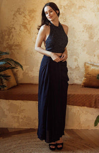 Farah Navy Drape Skirt with Hand Embroidered Blouse