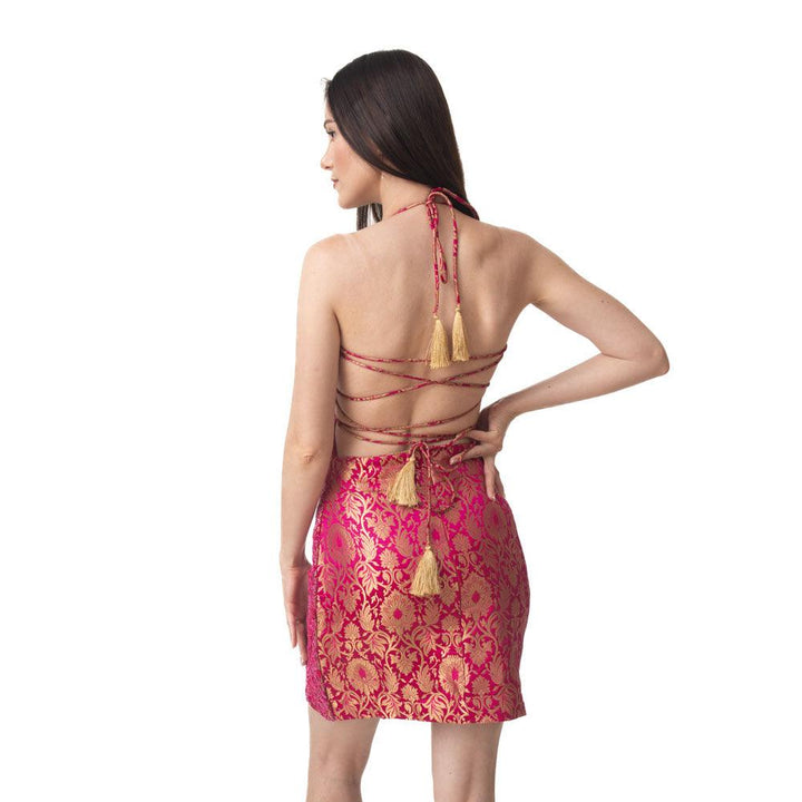 Fuchsia Pink Short Dress with Hand Embroidery-Raas USA