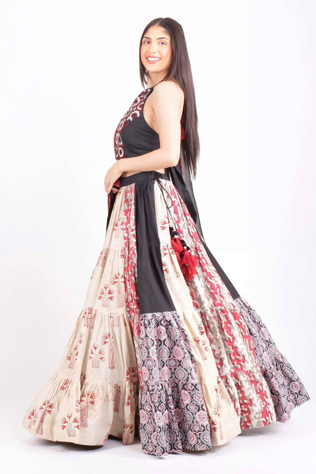 Full Flare Cotton Hand Blocked Chaniya Choli with Embroidered Blouse-[mirror work]-Raas