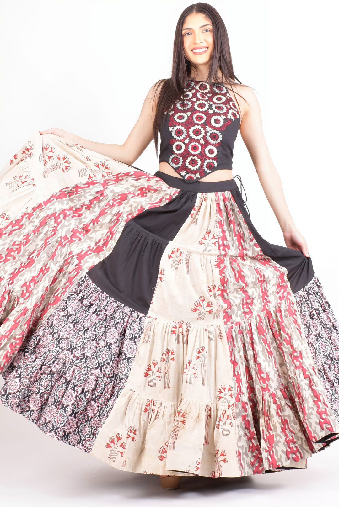 Full Flare Cotton Hand Blocked Chaniya Choli with Embroidered Blouse-[mirror work]-Raas