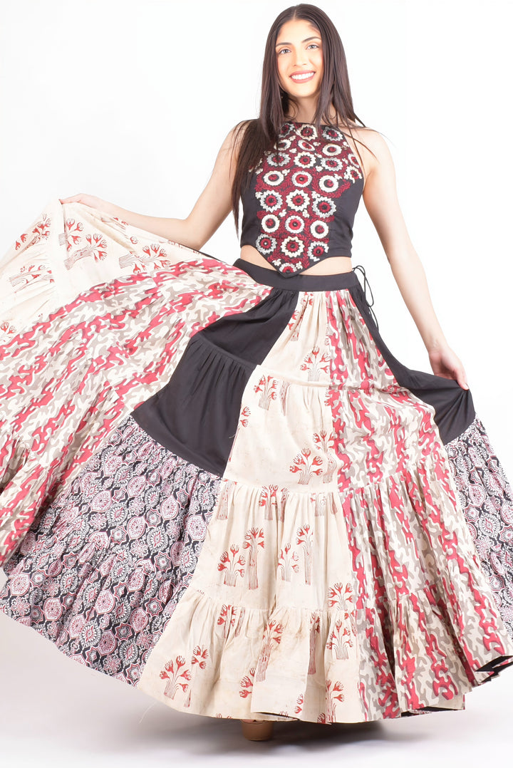 Full Flare Cotton Hand Blocked Chaniya Choli with Embroidered Blouse-[mirror work]-Raas