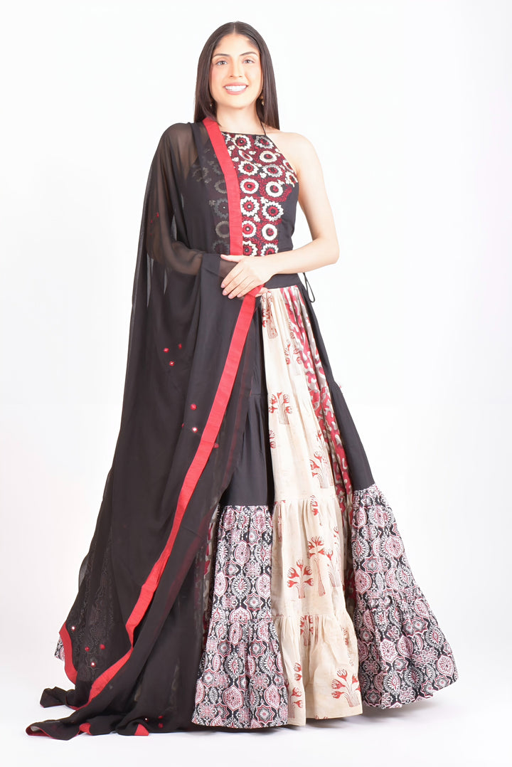 Full Flare Cotton Hand Blocked Chaniya Choli with Embroidered Blouse-[mirror work]-Raas