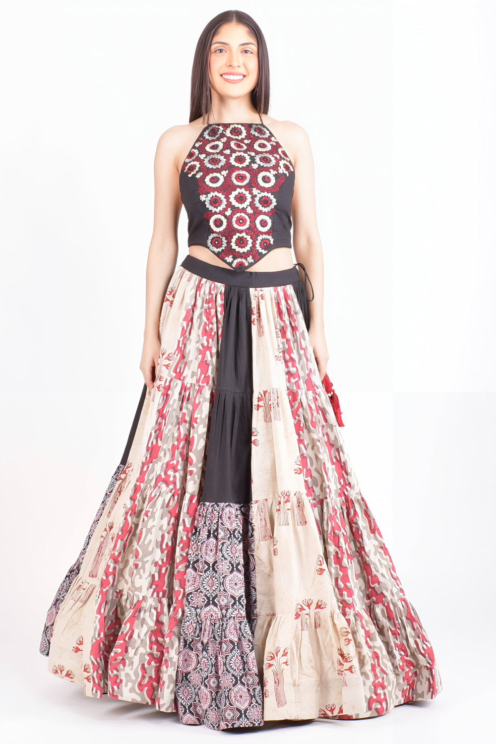 Full Flare Cotton Hand Blocked Chaniya Choli with Embroidered Blouse-[mirror work]-Raas