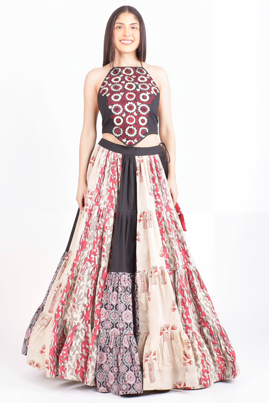 Full Flare Cotton Hand Blocked Chaniya Choli with Embroidered Blouse-[mirror work]-Raas