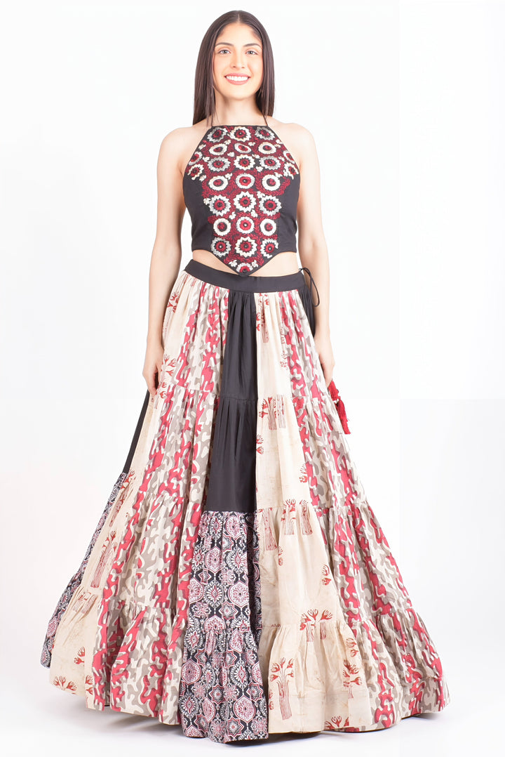 Full Flare Cotton Hand Blocked Chaniya Choli with Embroidered Blouse-[mirror work]-Raas