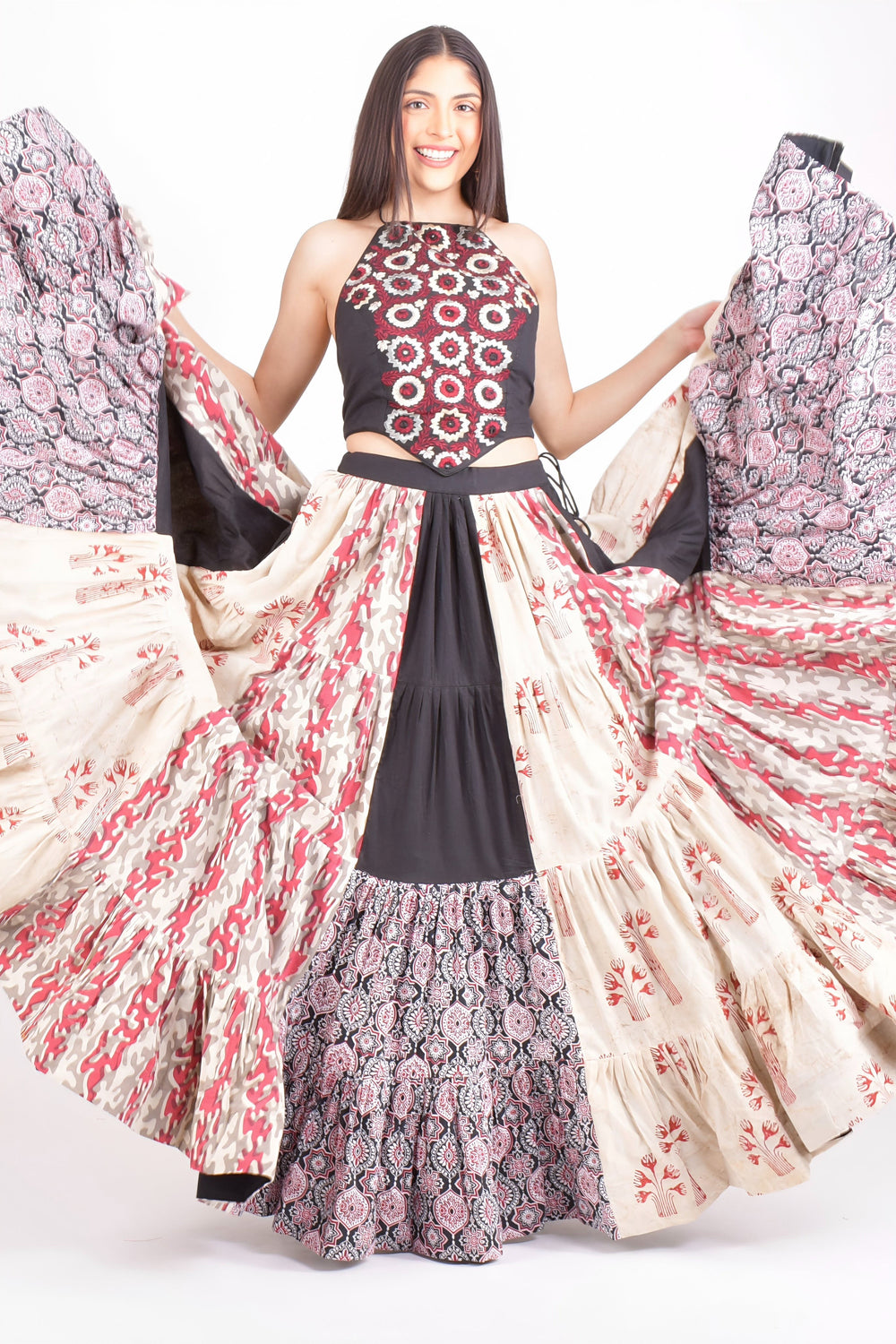 Full Flare Cotton Hand Blocked Chaniya Choli with Embroidered Blouse-[mirror work]-Raas