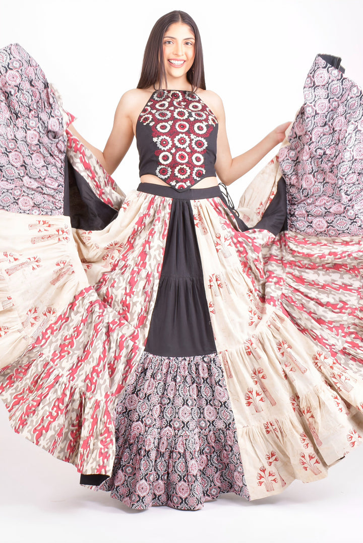 Full Flare Cotton Hand Blocked Chaniya Choli with Embroidered Blouse-[mirror work]-Raas