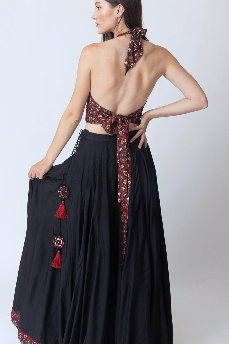 Full Flare Palazzo Pants Set: Elegant Hand Embroidered Blouse XL / Black
