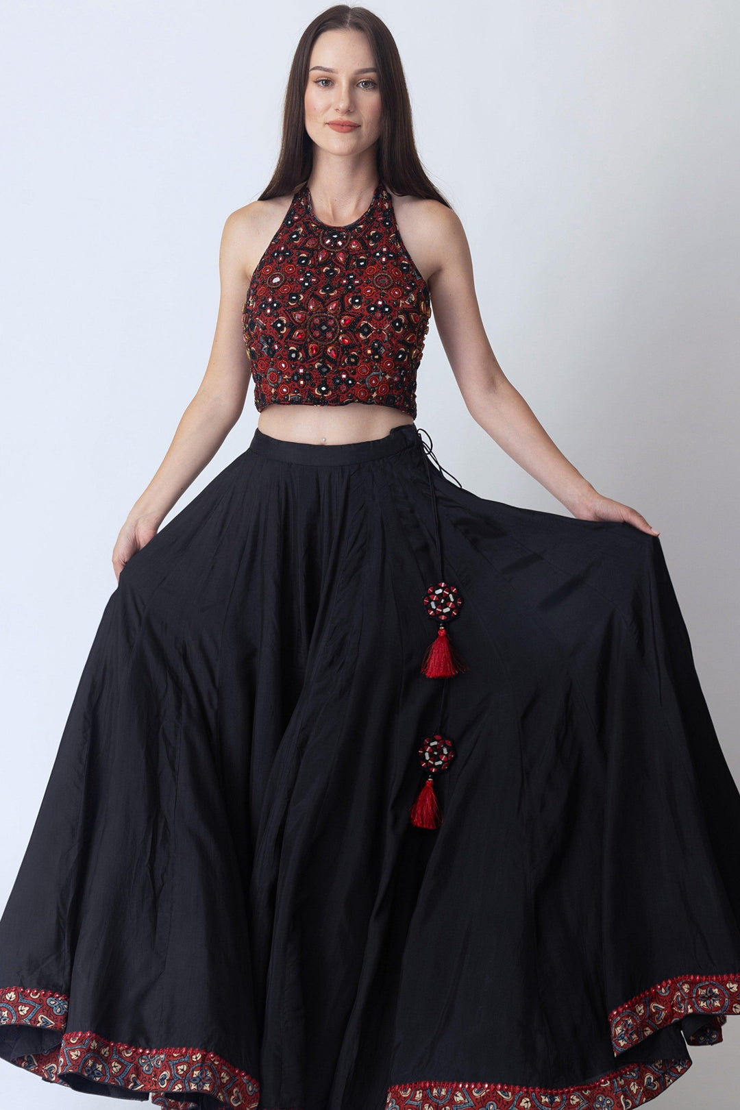 Full Flare Palazzo Pants with Hand Embroidered Blouse-Raas USA