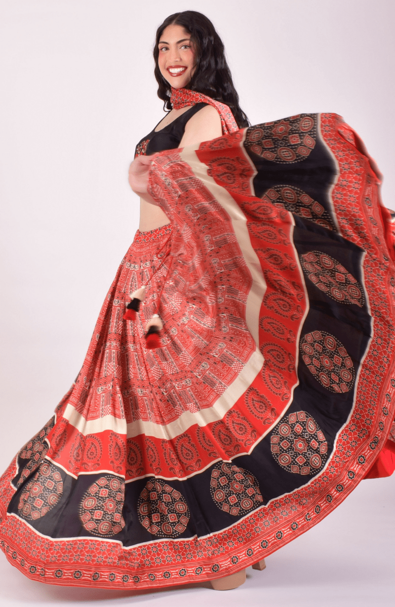 Full flare Red Ajrakh Print Chaniya Choli