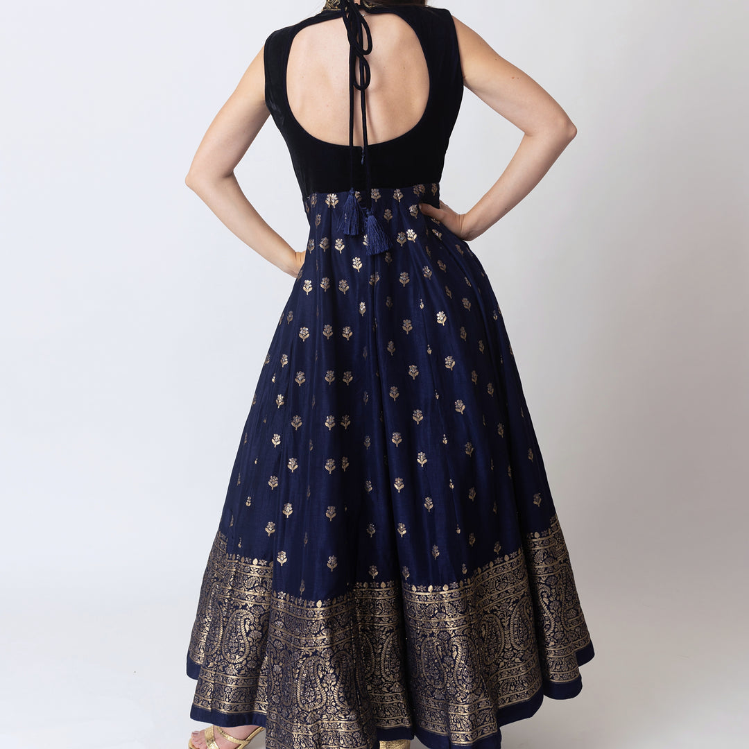 Alice Blue Gown with Velvet Hand Embroidered Torso and Banarasi Jacquard Bottom