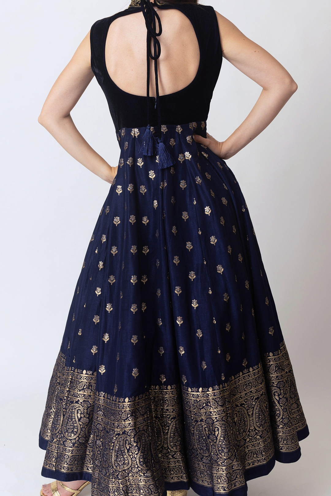 Alice Blue Gown with Velvet Hand Embroidered Torso and Banarasi Jacquard Bottom