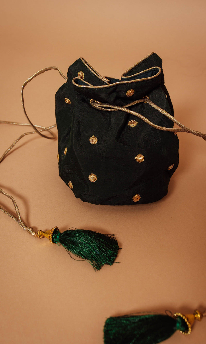 GREEN POTLI BAG WITH MIRROR WORK BAGS RAAS