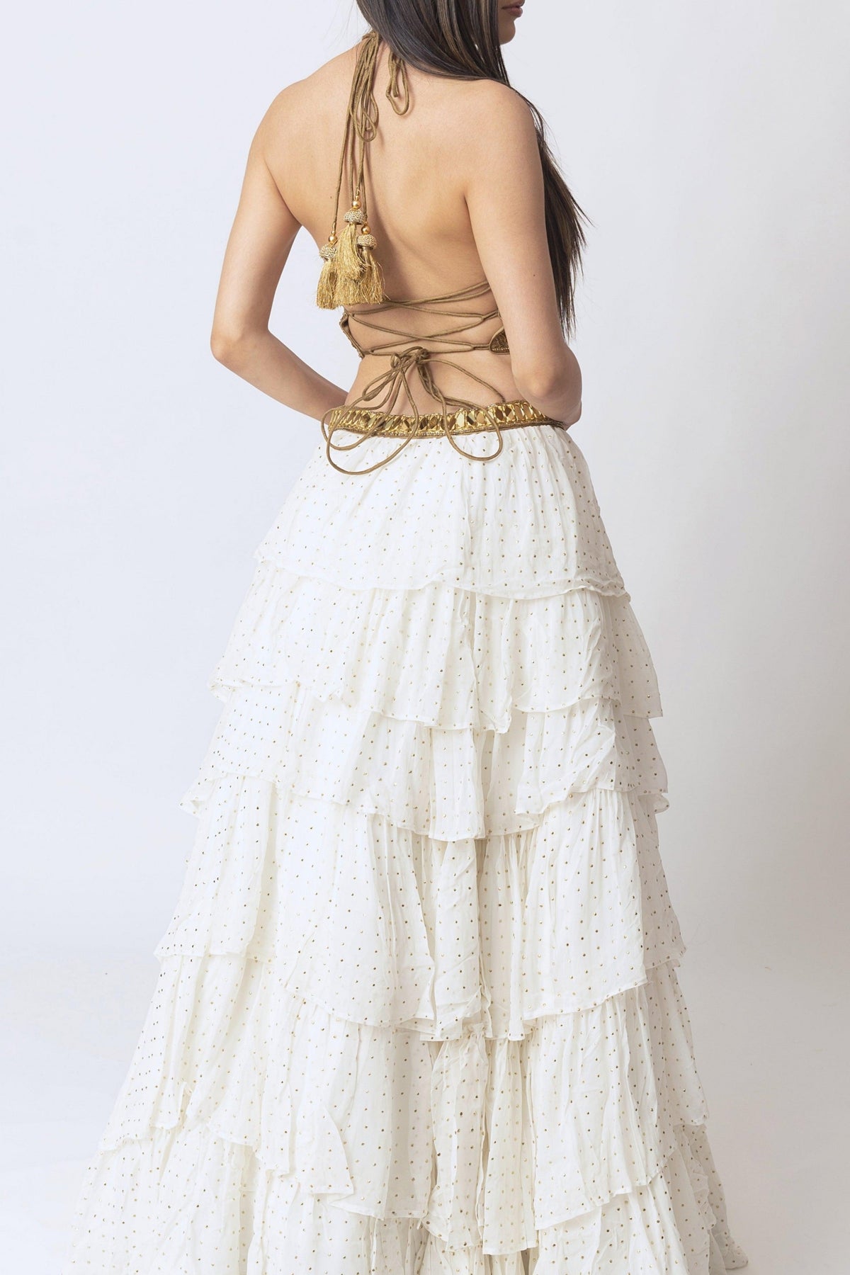 Gold and White Tiered Lehenga Set-[mehendi outfit]-Raas