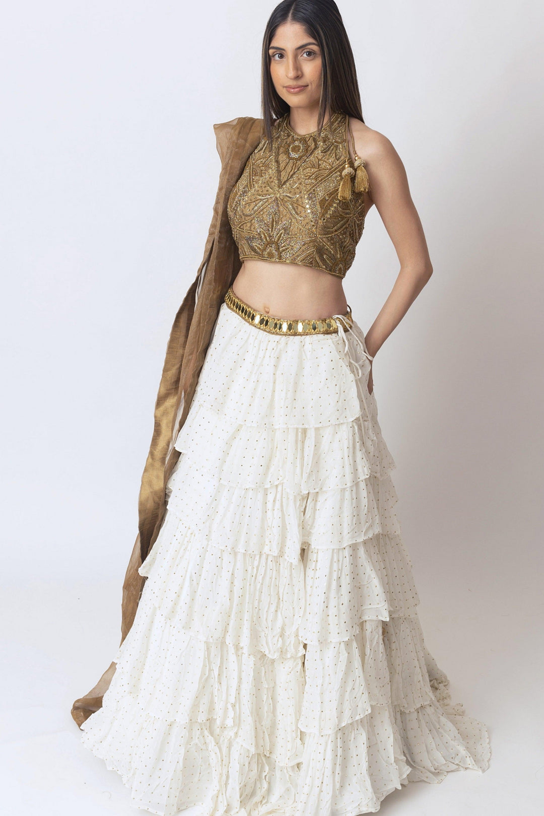 Gold and White Tiered Lehenga Set-Raas USA