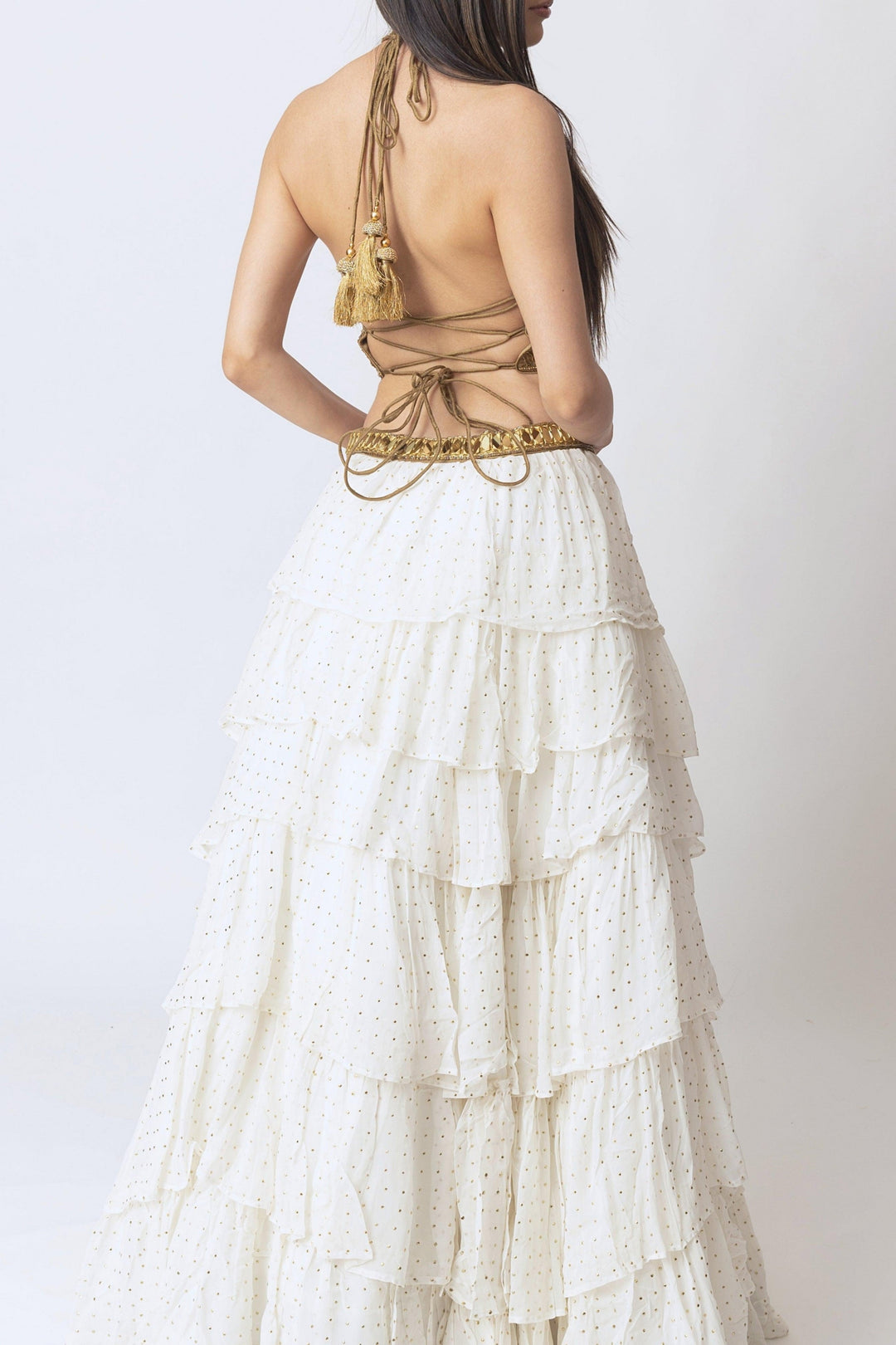 Gold and White Tiered Lehenga Set-Raas USA