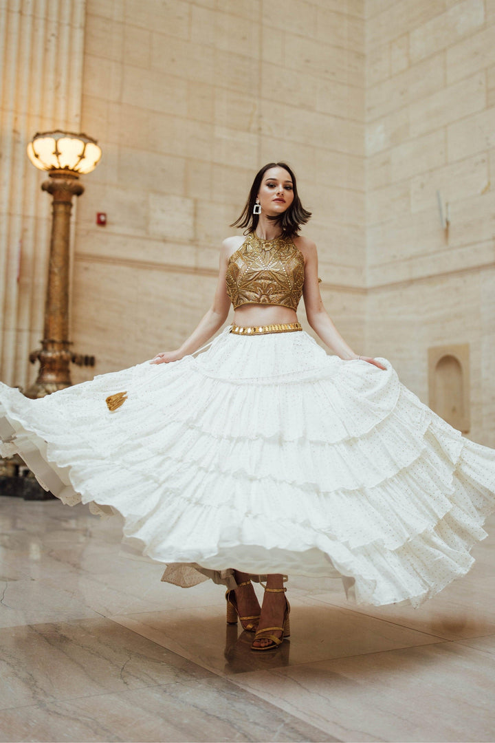 Gold and White Tiered Lehenga Set-Raas USA