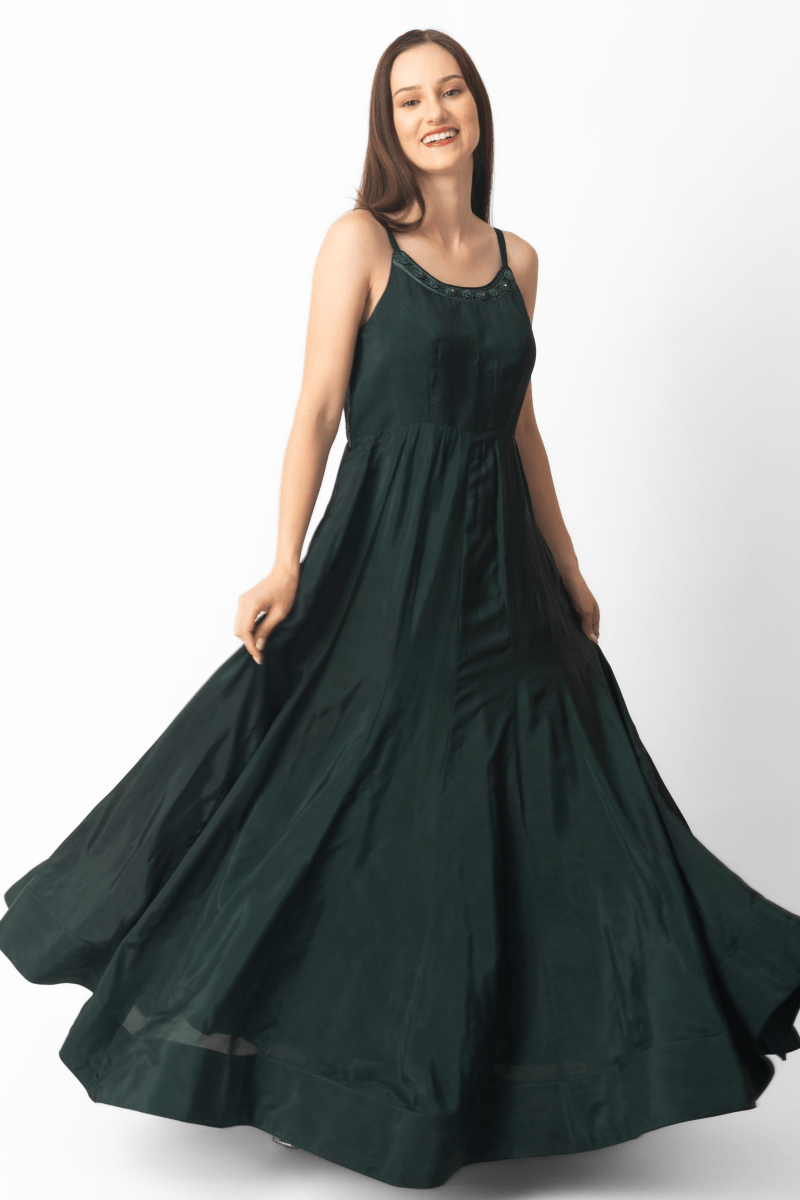 Mirena Green A-Line Long Silk Dress with resham embroidery at the neckline, sleeveless.