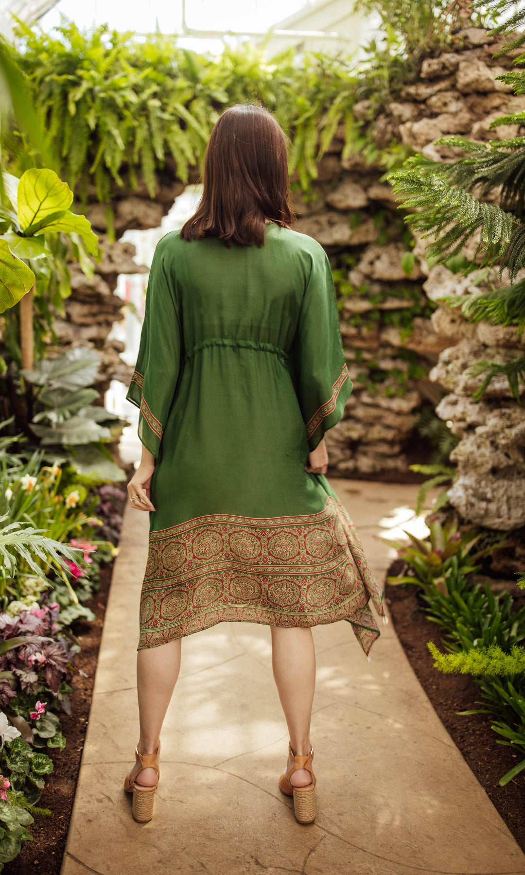 Green Ajrakh Print Embroidered Kaftan-Raas USA