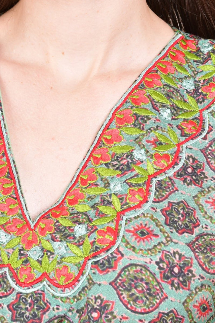 Green Ajrakh Print Embroidered Kaftan Top KAFTAN RAAS