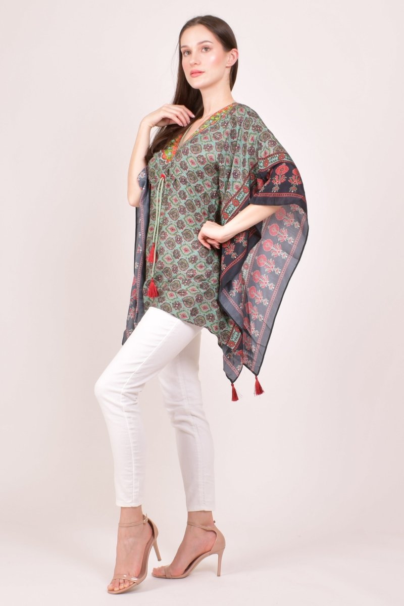 Green Ajrakh Print Embroidered Kaftan Top KAFTAN RAAS