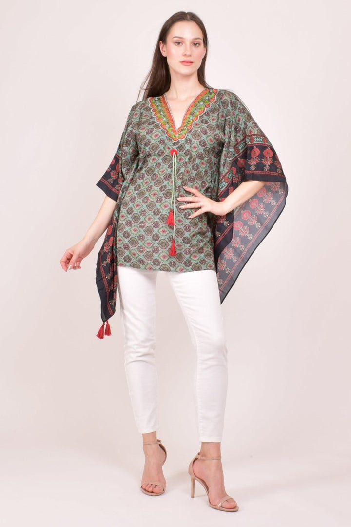 Green Ajrakh Print Embroidered Kaftan Top KAFTAN RAAS
