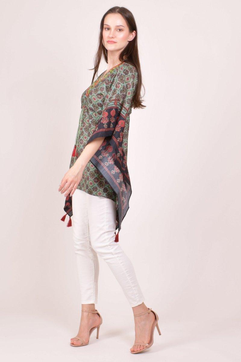 Green Ajrakh Print Embroidered Kaftan Top KAFTAN RAAS