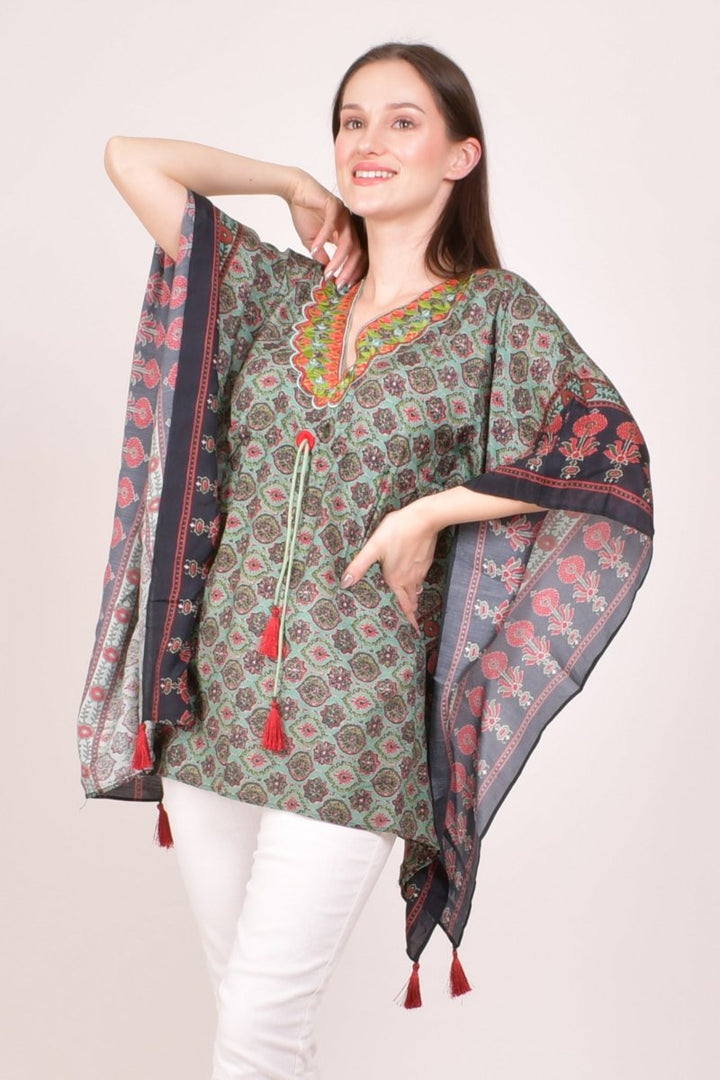 Green Ajrakh Print Embroidered Kaftan Top KAFTAN RAAS