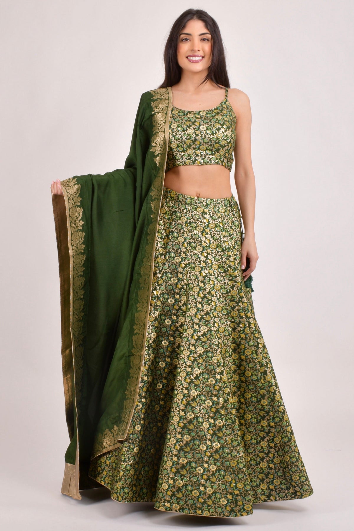 Green Banarasi Lehenga Choli Set for Women-[comfort-first-design]-[lightweight]-Raas