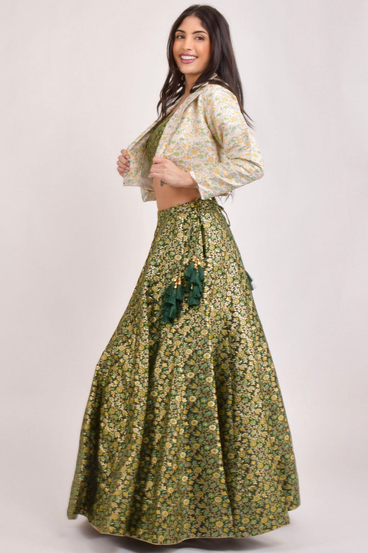 Green Banarasi Lehenga Choli With Jacket.-[mehendi outfit]-Raas