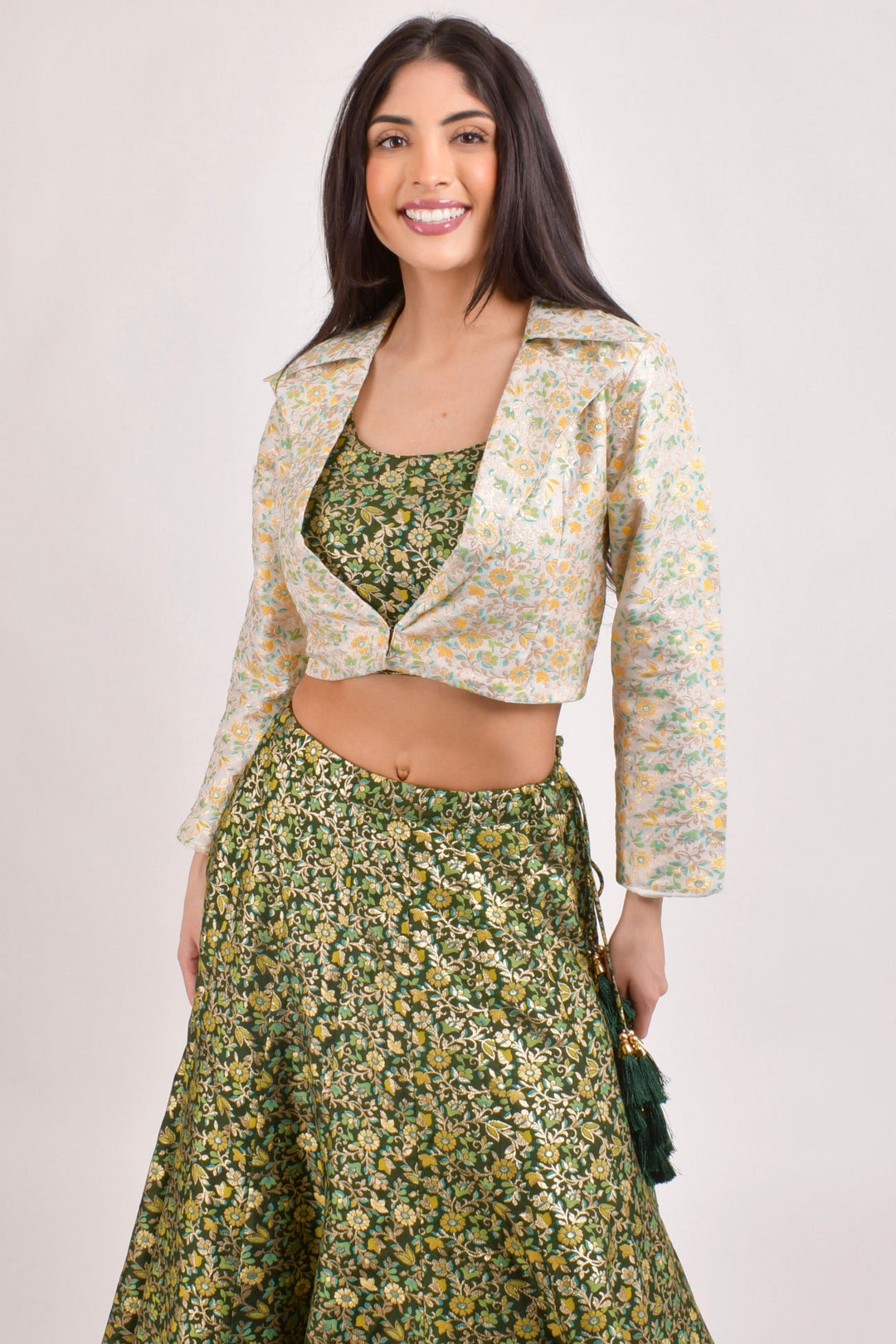 Green Banarasi Lehenga Choli With Jacket.-[mehendi outfit]-Raas