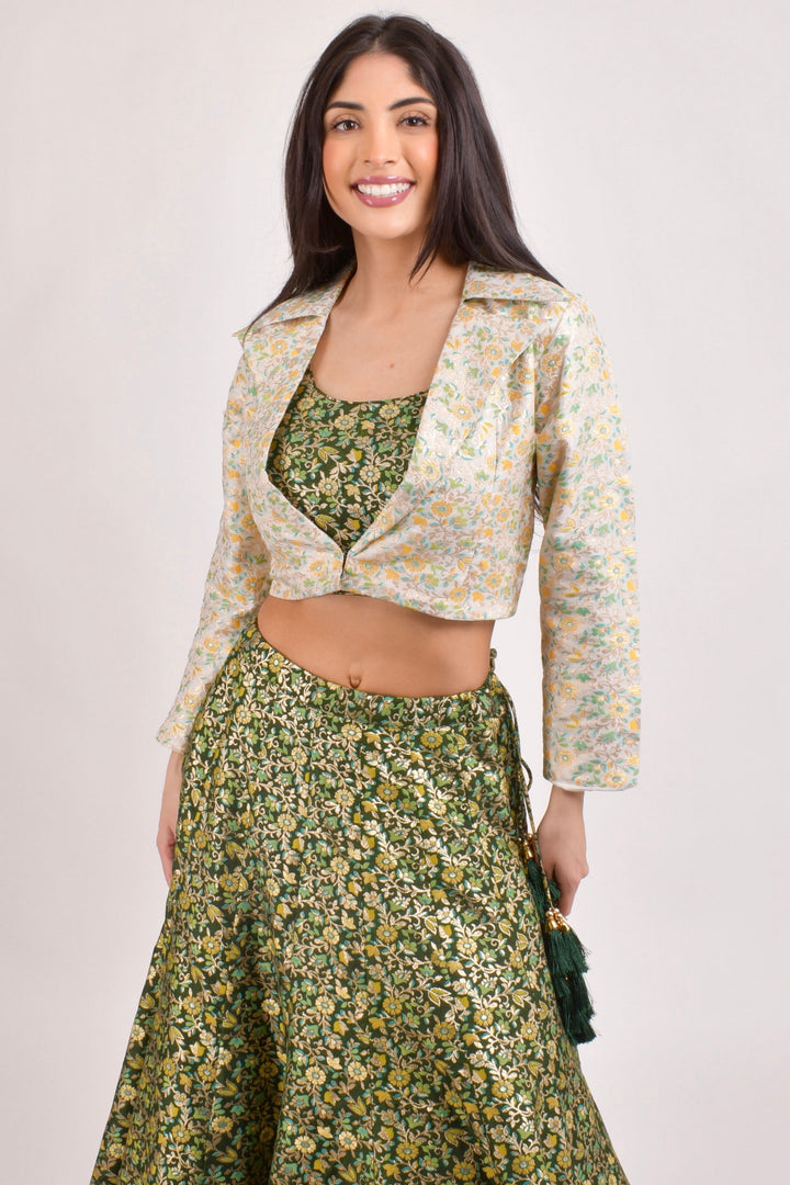 Green Banarasi Lehenga Choli With Jacket.-[mehendi outfit]-Raas