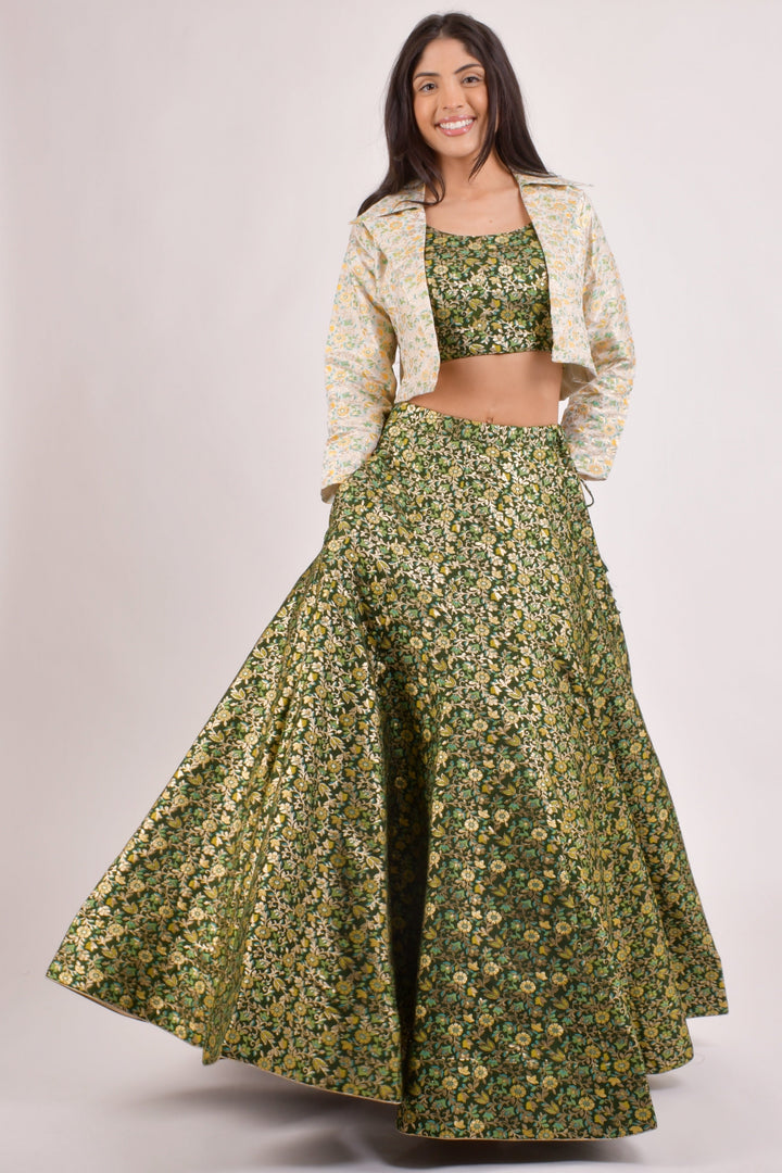 Green Banarasi Lehenga Choli With Jacket.-[mehendi outfit]-Raas