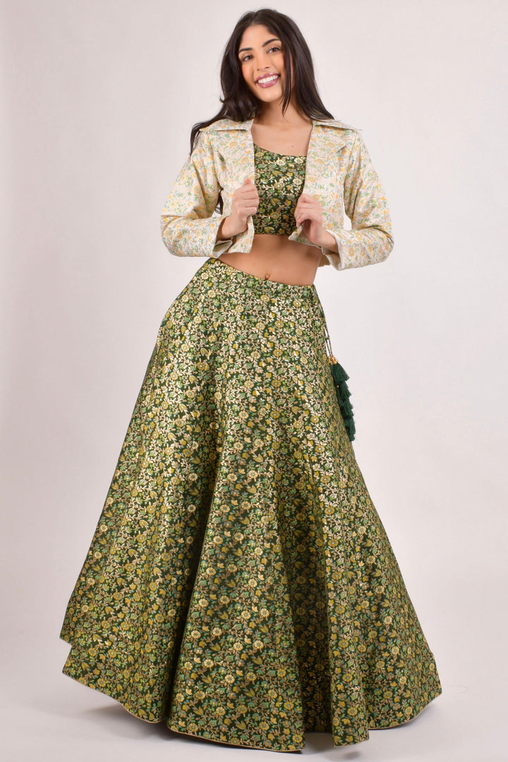 Green Banarasi Lehenga Choli With Jacket.-[mehendi outfit]-Raas