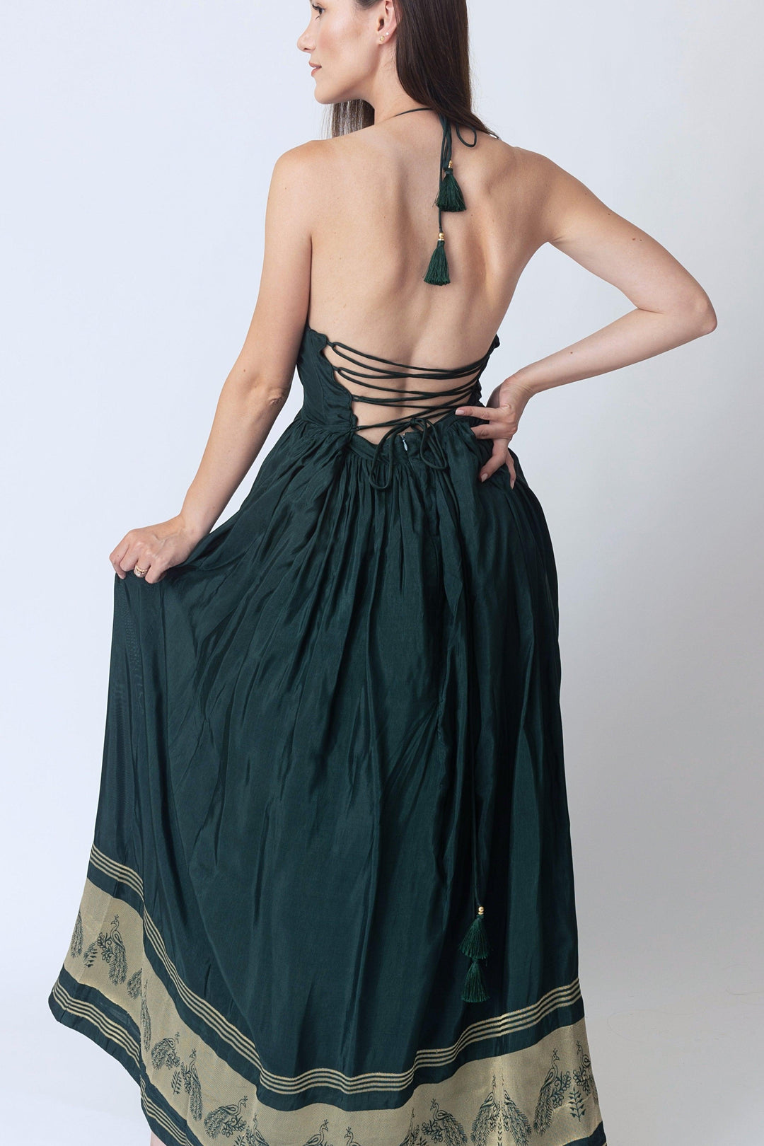 Green Dress with Jacquard Hem-Raas USA