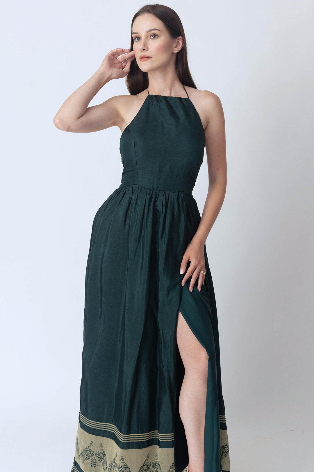 Green Dress with Jacquard Hem-Raas USA