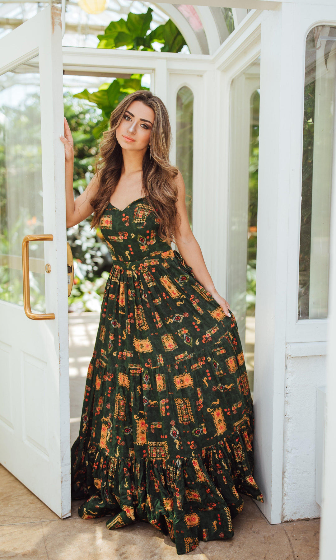 Green Ethnic Motif Print Convertible Maxi Gown