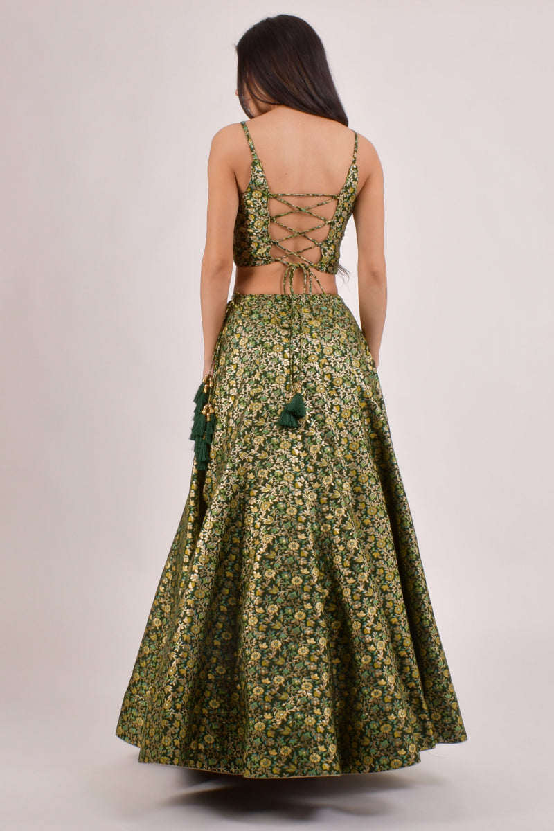 Green Banarasi Lehenga Choli With Jacket.-[mehendi outfit]-Raas