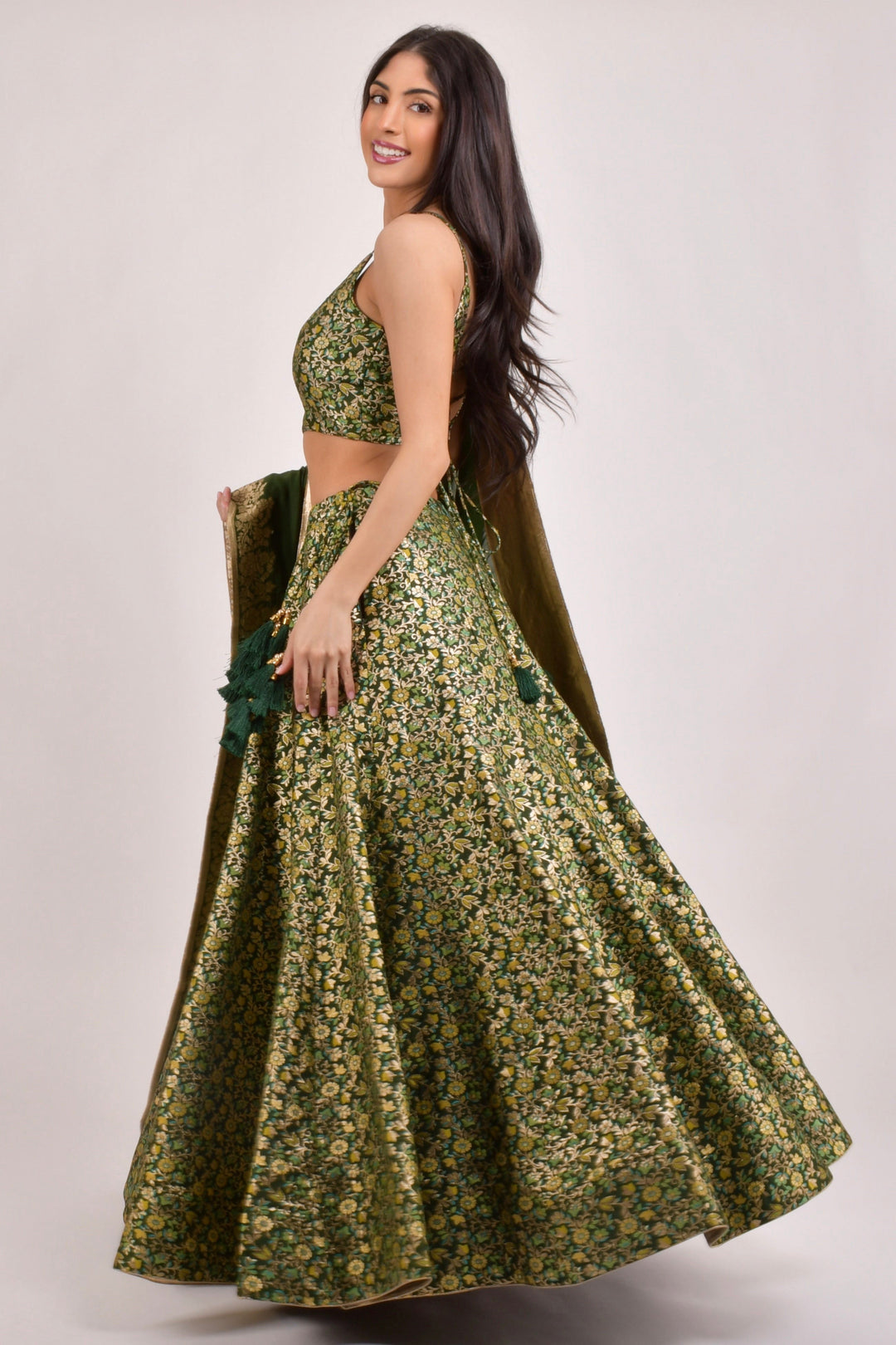 Green Floral Banarasi Lehenga Choli Set for Women-[comfort-first-design]-[lightweight]-Raas
