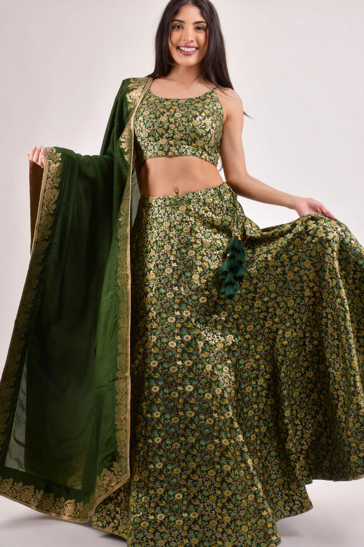 Green Floral Banarasi Lehenga Choli Set for Women-[comfort-first-design]-[lightweight]-Raas
