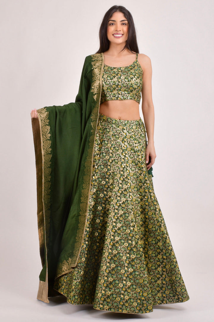 Green Floral Banarasi Lehenga Choli Set for Women-[comfort-first-design]-[lightweight]-Raas
