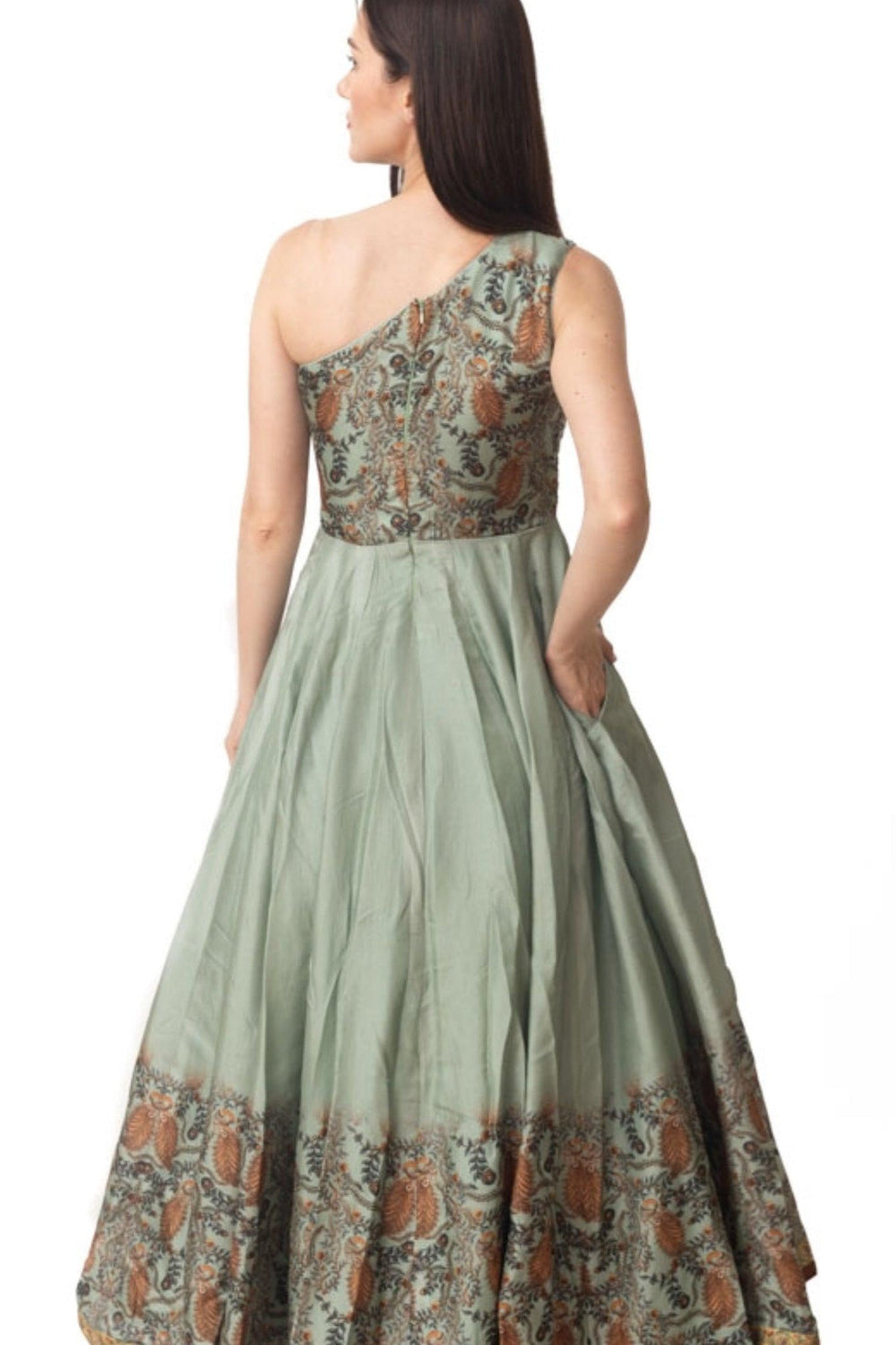 Green floral hand-embroidered one-shoulder gown with a fit & flare silhouette and printed silk torso.